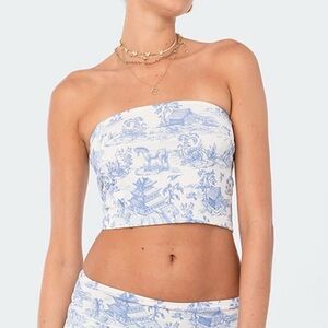 NWT Edikted Delft  Print Blue and White Strapless Tube Top